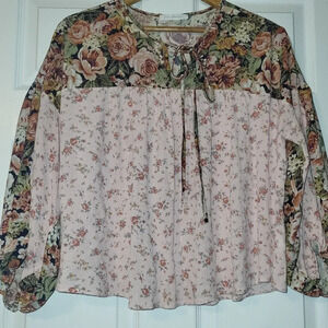 Ces Femme Floral Blouse Women's Size X Large Pink Feminine Bishop Sleeve Flowy